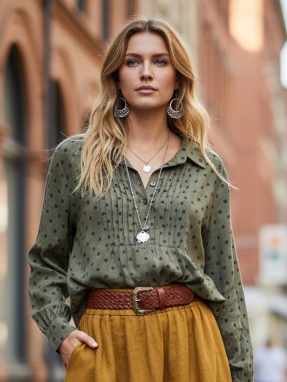 Sundance Lively Days Pintuck Tunic Olive Taupe Polka Dot Cotton Boho sz S